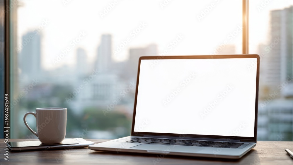 Fototapeta premium Modern laptop on desk by large window with soft morning light and city view minimalist professional workspace clean and empty environment