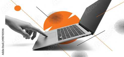 Professional Laptop Graphic Design with Human Hand and Abstract Geometric Elements for Creative Technology Concepts Business Software Development Websites and Modern Marketing Material
