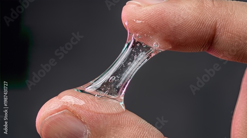 Close-up macro shot of transparent viscous gel or liquid glue being stretched between fingers, showing air bubbles and sticky texture against a dark background.