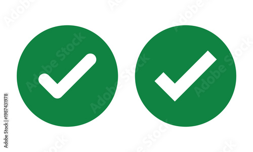 Photos White right tick check mark icon vector on green circle over white background
