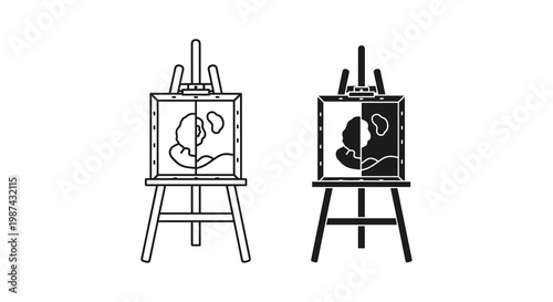 Vector illustration, black and white, artistic easel icons, painting tools, graphic design elements