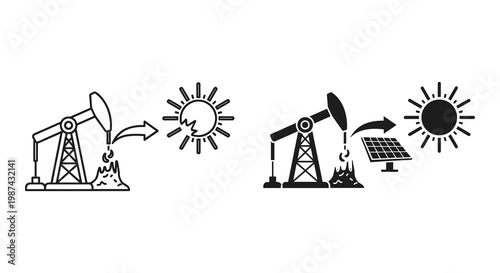 Renewable Energy, Solar Power, Oil Pump, Sustainable Resources, Eco Friendly Vector Icons