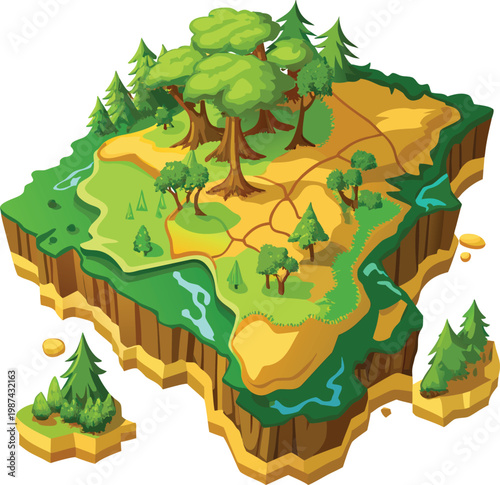 3D Topographic Map with Trees and River in Reforestation Campaign Isolated on Transparent Background for Reforestation Campaigns and Eco-Conscious Environmental Awareness Content