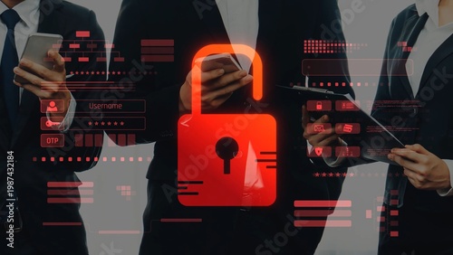 Quadro su tela Business professionals use mobile devices in a modern office setting while emphasizing data security through digital lock graphics, highlighting the importance of privacy and protection