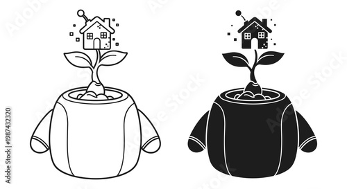 Eco friendly home growth icons, sustainable living symbols, green house illustrations, eco icons