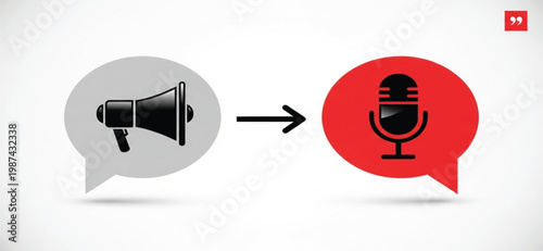 Voice Search Conversion Concept with Megaphone to Microphone Icons in Chat Bubbles for Audio Input Communication Technology Design