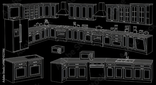 Kitchen Cabinets Top View Blueprint Vector – AutoCAD Kitchen Furniture Layout Plan White Outline on Black Background