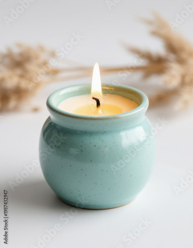 Decorative Candle in Blue Ceramic Candle Holder for Cozy Home Decor and Scandinavian Interior Styling