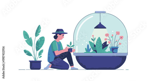 Person tending plants inside a futuristic terrarium