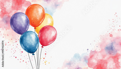 Balloons Art Watercolor Digital Painting with Empty Space for Text Greeting Card for Birthday Invitations and Celebrations | Festive Elegance Concept
