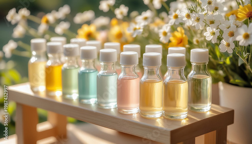 Pastel Pink Blue and Mint Small Cosmetic Bottles in Rustic Morning Still Life for Cottagecore Branding and Apothecary Style