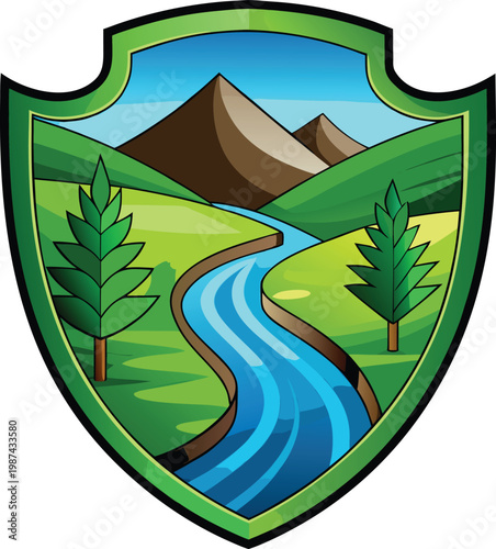 Shield Emblem with River Flowing Through Green Valley and Mountains Representing Water Conservation Strategies Isolated on Transparent Background