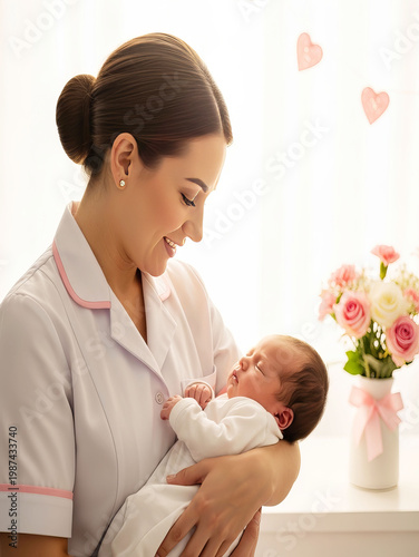 A tender moment between a nurse and a newborn baby.