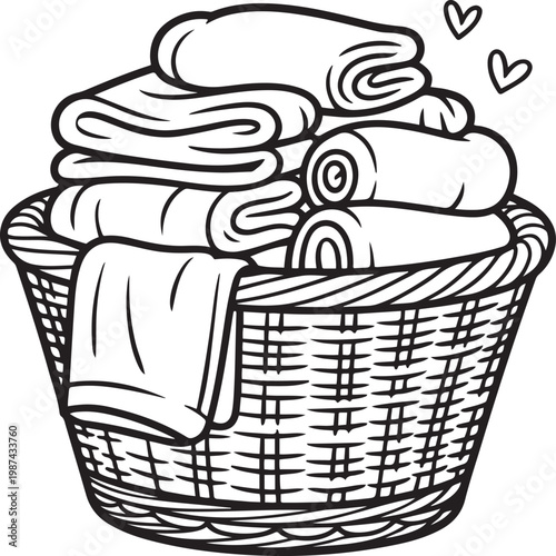 Black and white of a wicker basket overflowing with neatly folded and rolled laundry, with hearts