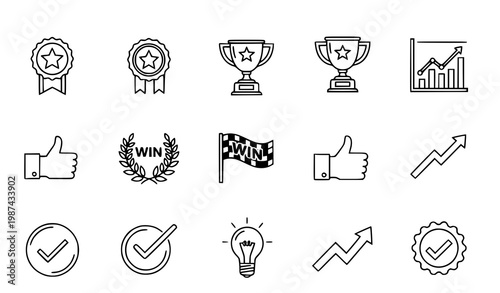 Success award growth win thumbs up outline icons set editable stroke 64x64 pixel perfect vector isolated on white background
