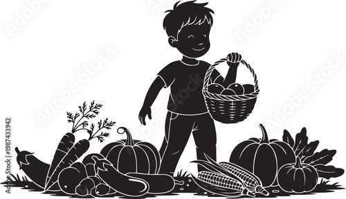 Silhouette of a happy boy holding a basket of apples amidst a harvest of fresh vegetables keywords