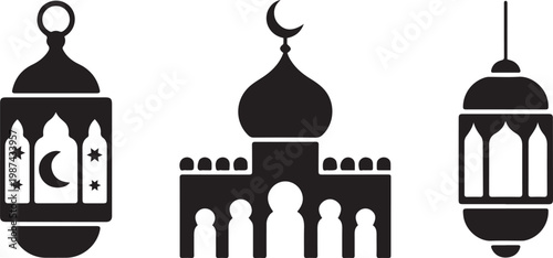 Islamic symbols including a mosque and two ornate lanterns with crescent moon and stars keywords