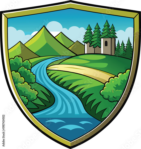 Scenic Landscape with River and House in Shield Shape for Water Conservation Strategies Isolated on Transparent Background and Eco-Conscious Environmental Awareness Content