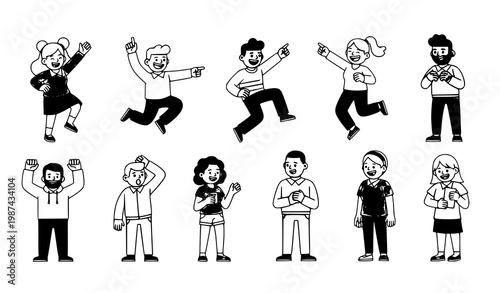 Cartoon funny people character set bold outline playful pose vector illustration isolated