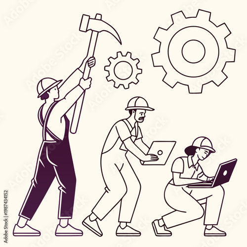 Construction Workers Teamwork Line Art Vector Illustration with Tools and Gears