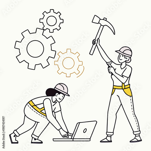 Cartoon worker man using a hammer and chisel for construction work