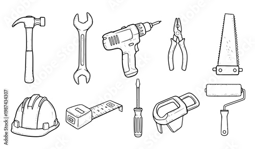 Hand drawn construction DIY tools icon set sketch vector illustration isolated on white background