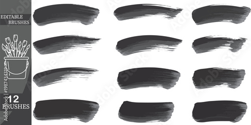 Editable Brush Strokes, Black Paint Brushes, Vector Brush Set, 12 Graphic Elements
