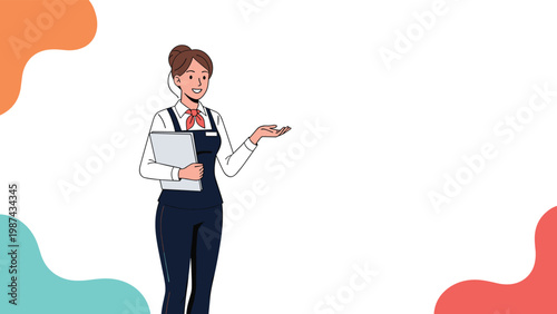 Professional air hostess or flight attendant character in a navy blue uniform gesturing with her hand for travel and aviation service themes.