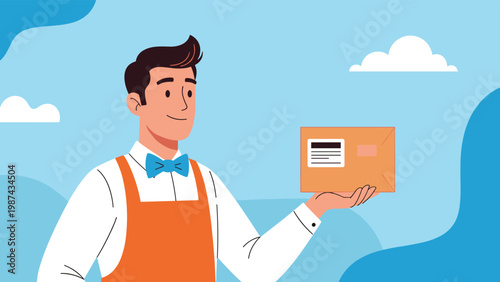 Friendly delivery man character in a white shirt and orange apron holding a package box against a blue sky background for courier service.