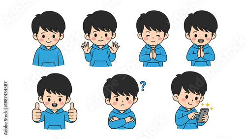 Set of little boy characters in blue hoodies expressing various emotions and actions like happy sad praying and using a phone for kids themes.