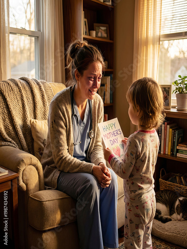 Woman reading a book with a young child looking on in a cozy living room