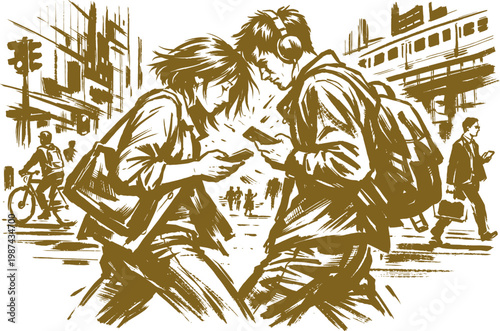 Urban Commuters Walking, Scrolling Phones