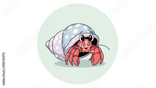 Happy hermit crab character with a blue and white spotted shell looking out for nature and marine life exploration themes for children.