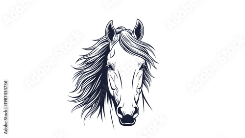 Detailed artistic illustration of a majestic horse head with flowing mane isolated on a white background for equine and sport themes.