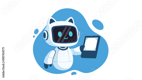 Cute white robot cat character holding a smartphone with a blank screen for technology innovation and artificial intelligence themes.