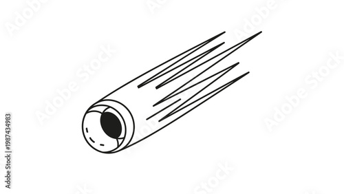 Simple black and white line art illustration of a comet or meteorite streaking through space with a long trail.