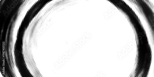 Black radial halftone circles. Dotted sound wave rings. Stippled epicenter, target, radar icon concept. Ripple concentric signal vibration element. Vector round dashed and dotted