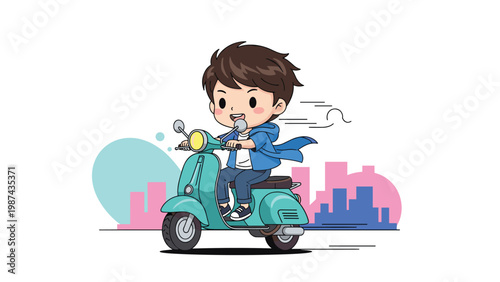 Cute boy in a blue jacket rides a teal vintage-style scooter through a stylized city landscape with pink buildings.