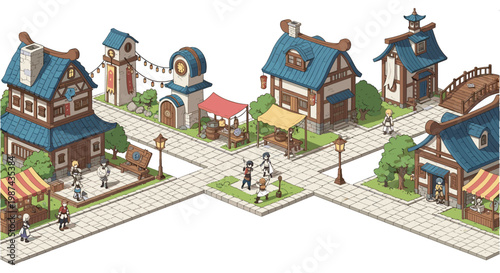 Isometric village illustration with traditional houses, bridge and landscape elements, detailed vector scene for architecture, rural life, environment and cultural design themes
