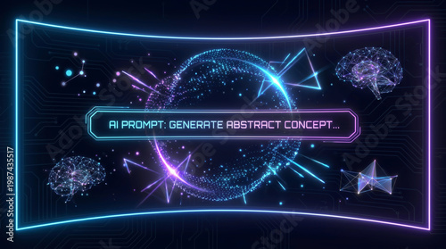 Artificial Intelligence Generative AI Prompt Interface with Glowing Abstract Concept Neural Network Brain Icons and Futuristic Digital Technology Background for Machine Learning Innovation Design.