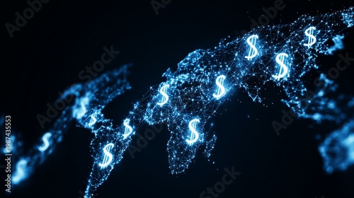 A glowing blue map of the world with dollar signs representing global finance and economy