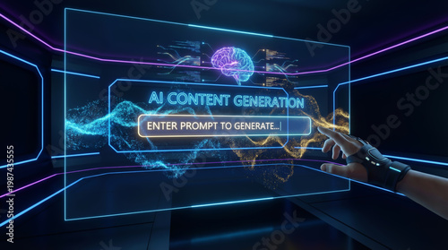 AI Content Generation interface with a human hand using a haptic glove to enter a prompt on a futuristic holographic screen. Artificial intelligence technology for creative digital automation.