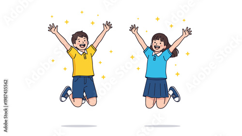 Two happy children, a boy and a girl, jumping high with their arms raised in excitement surrounded by stars.