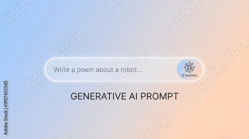 Generative AI prompt interface showing a digital input bar with text asking to write a poem about a robot on a soft blue and orange gradient background representing modern artificial intelligence.