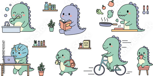 Cute kawaii dinosaur daily life cartoon character set with brushing teeth, reading, cooking, working, cycling, school bag, and coffee on white background