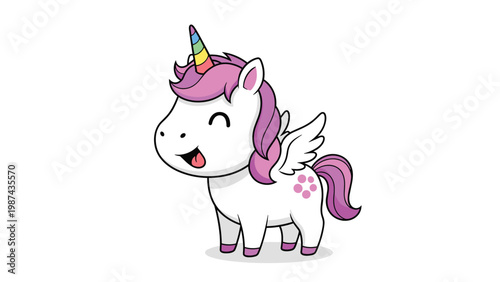 Adorable baby unicorn with tiny wings and a purple mane smiles happily with its tongue sticking out.