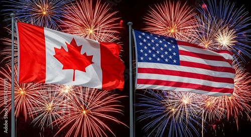 USA and Canada Flags with Fireworks Independence Celebration Night
