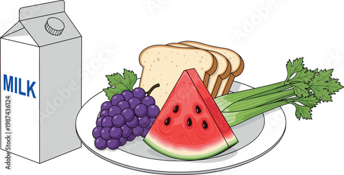 Healthy breakfast setting vector featuring milk carton plate with sliced bread watermelon grapes and fresh