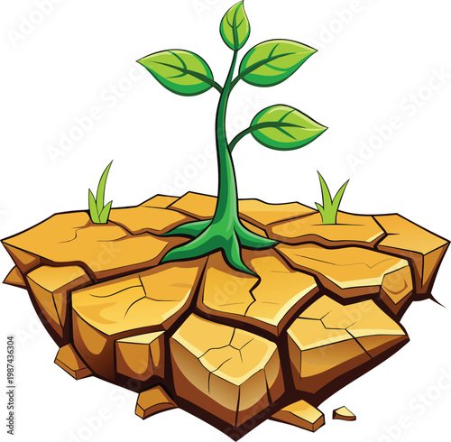Young Green Plant Growing from Cracked Soil for Water Conservation Strategies and Nature Renewal Isolated on Transparent Background and Eco-Conscious Environmental Awareness