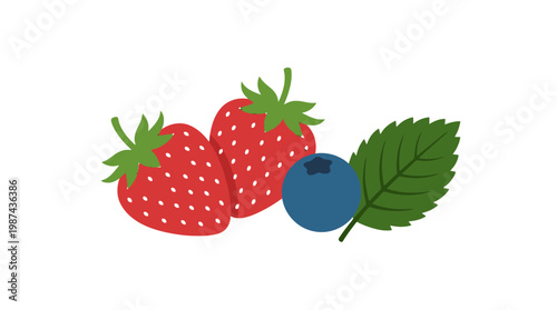 Fresh Strawberry and Blueberry Fruit Illustration with Green Leaf.